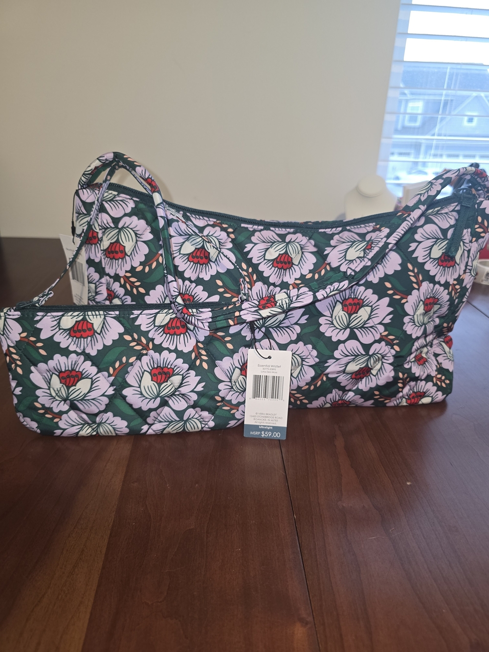 Vera Bradley Floral Print Slouchy Shoulder Bag and Wristlet Set, Lotus Sea Moss